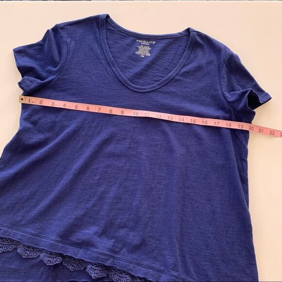 Westbound | Navy Blue Asymmetrical Lace Trim Short Sleeve T-Shirt Medium Petites - Picture 3 of 7
